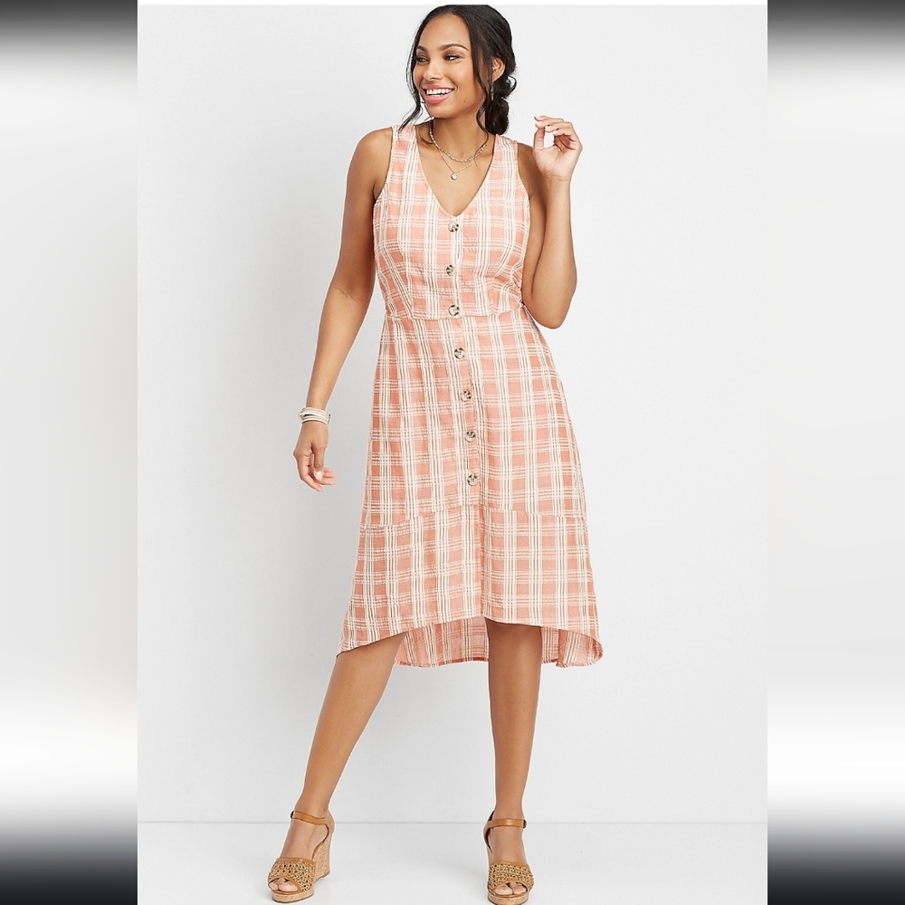 Maurices Peach Plaid Button-Front Midi Dress